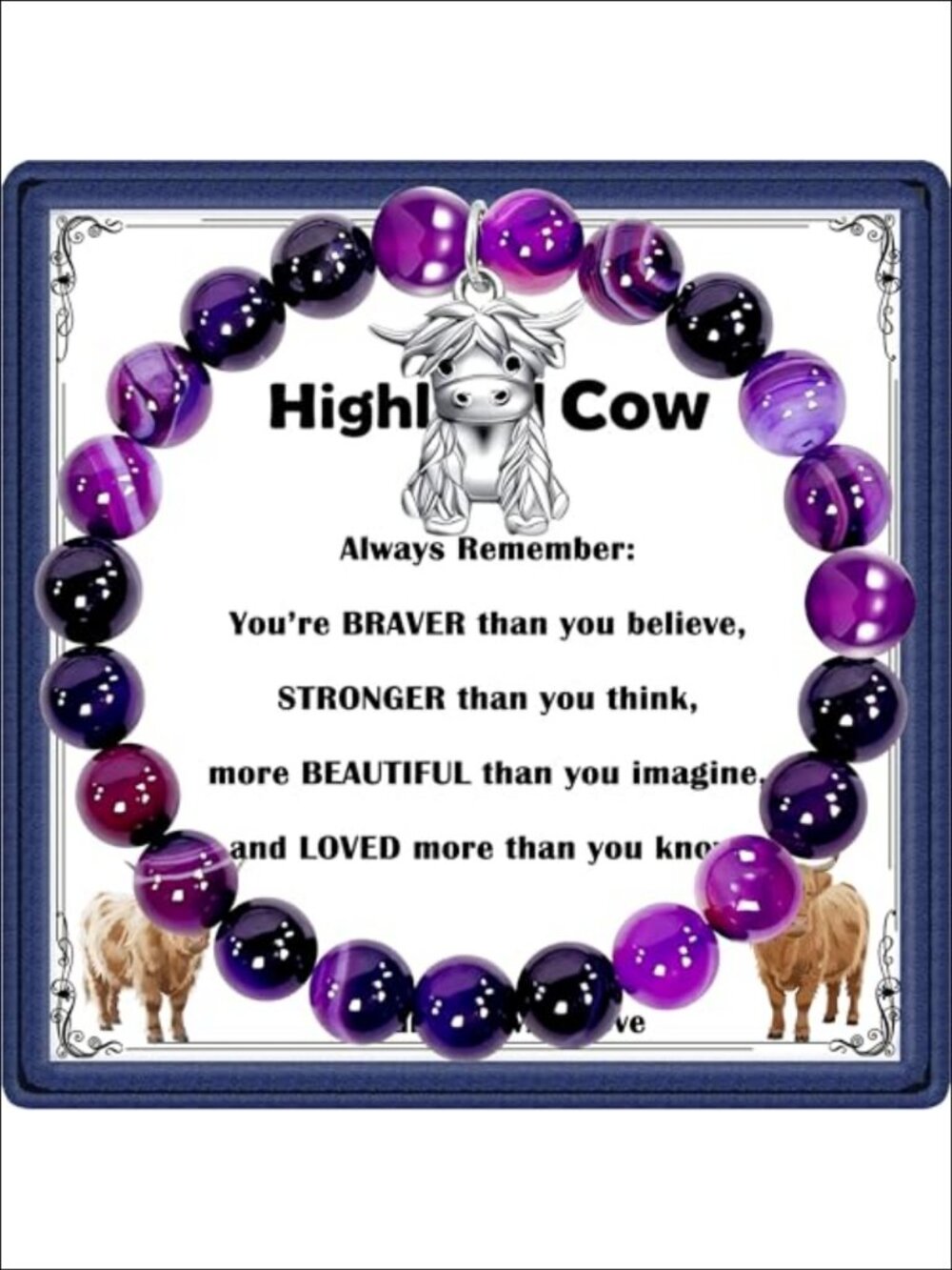 Natural Stone Beads Highland Cow Bracelet Adjustable